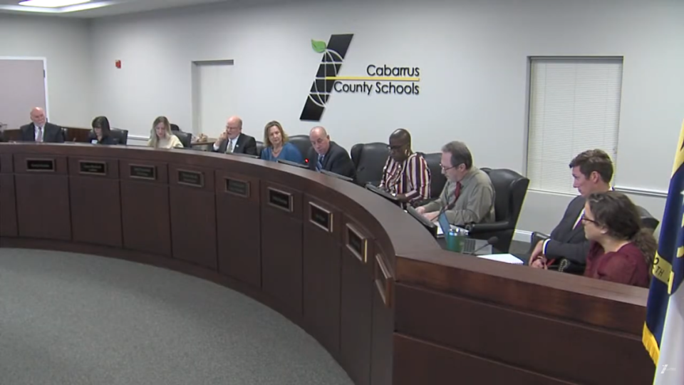 Cabarrus County Board of Education members discuss realignment Monday, Feb. 12 before voting 4-3 in favor of redrawing attendance lines. The decision is expected to affect about 4,000 students. Screenshot from Cabarrus County Schools livestream