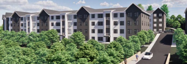 A rendering of the proposed Pine Lane Apartments from a May 21, 2024 Buncombe County Board of Commissioners meeting.