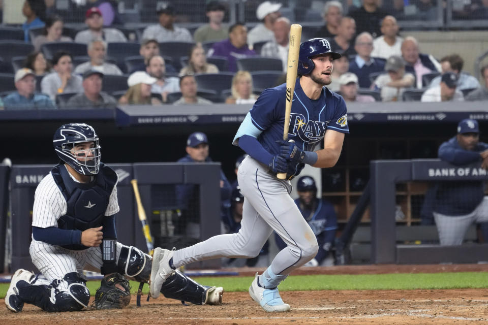 Tampa Bay Rays' Josh Lowe watches his three-run double against the New York Yankees during the sixth inning of a baseball game Thursday, May 11, 2023, in New York. (AP Photo/Mary Altaffer)