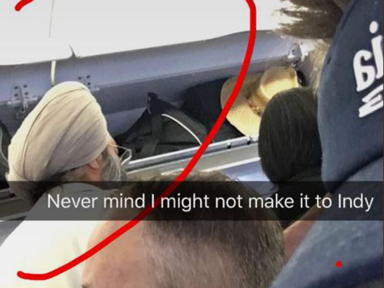 An airline passenger who mocked a Sikh man's turban and suggested he was a terrorist in a series of Snapchat posts has sparked outrage on social media: Twitter @SikhProf
