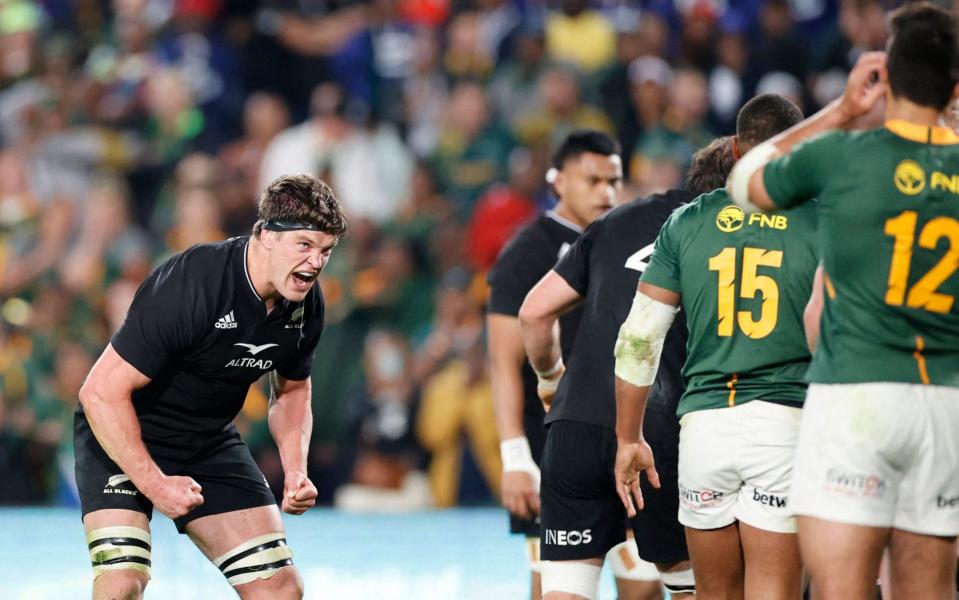 New Zealand's lock Scott Barrett reacts during the Rugby Championship international rugby match between South Africa and New Zealand at Emirates Airline Park - PHILL MAGAKOE/AFP via Getty Images