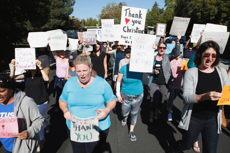 Supporters of Dr. Christine Blasey Ford march and chant in Palo Alto, Calif., on Sept. 20, 2018. (Photo: The Mercury News via Getty Images)