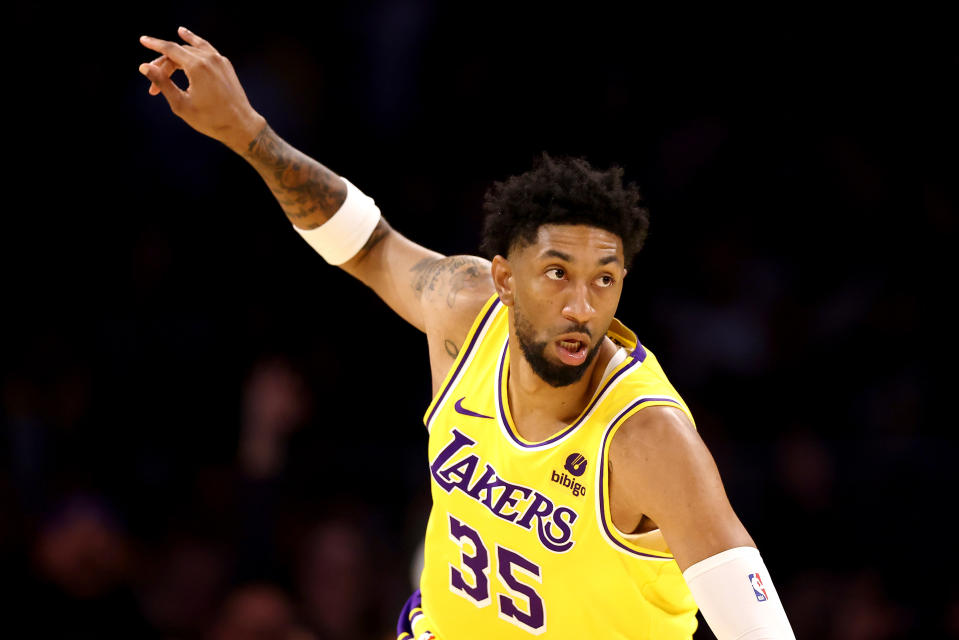 LOS ANGELES, CALIFORNIA - OCTOBER 30: Christian Wood #35 of the Los Angeles Lakers reacts after a basket during the first quarter against the Orlando Magic at Crypto.com Arena on October 30, 2023 in Los Angeles, California. NOTE TO USER: User expressly acknowledges and agrees that, by downloading and or using this photograph, User is consenting to the terms and conditions of the Getty Images License Agreement. (Photo by Katelyn Mulcahy/Getty Images)