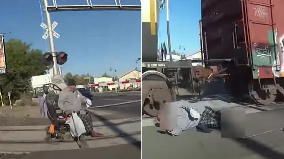 A police officer saves a man in a wheelchair stuck on train tacks with a train approaching