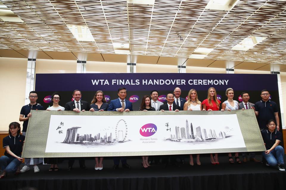 A seven-metre-long painting was presented by officials from the Shenzhen Sports Industry Department to Singapore to commemorate its five years of hosting the WTA Finals, as the event moves to Shenzhen following a handover ceremony at the National Gallery of Singapore on 29 October, 2018 (PHOTO: Getty Images)