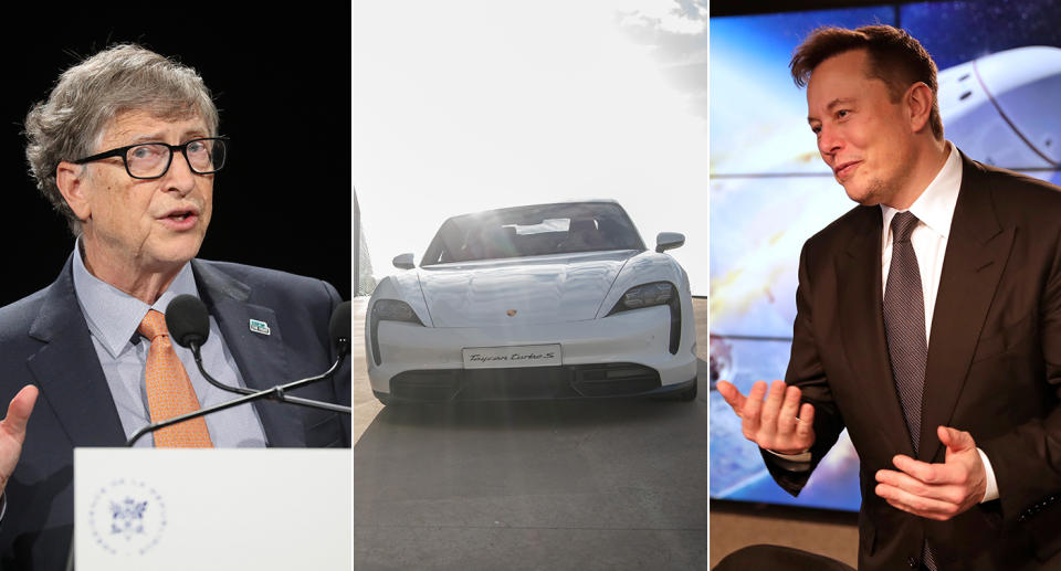 El cofundador de Microsoft Bill Gates, el CEO de Tesla, Elon Musk, y una imagen del Porsche Taycan. Fotos de AP y Getty Image.  