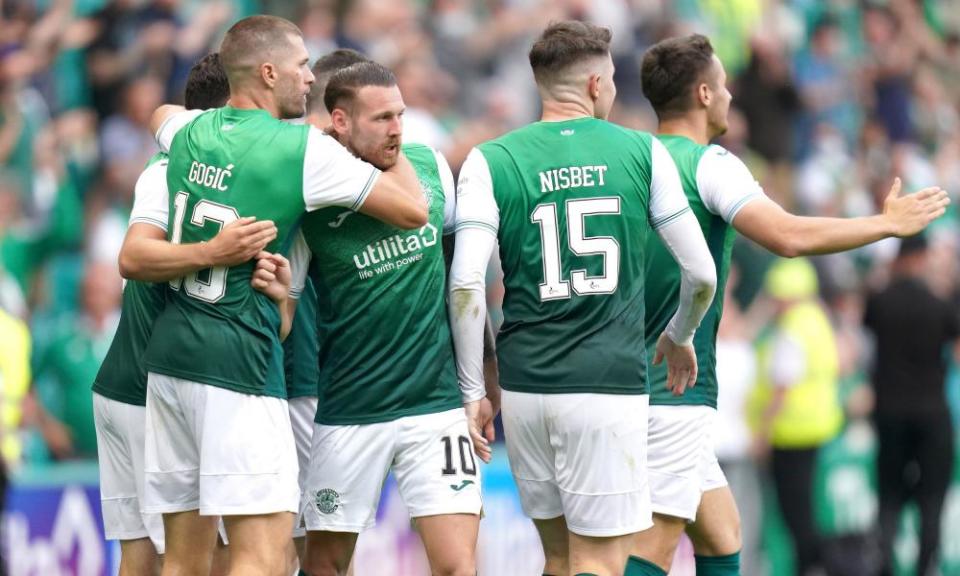 Hibernian, here celebrating a Europa Conference League goal against Santa Coloma, are the favourites to finish third.