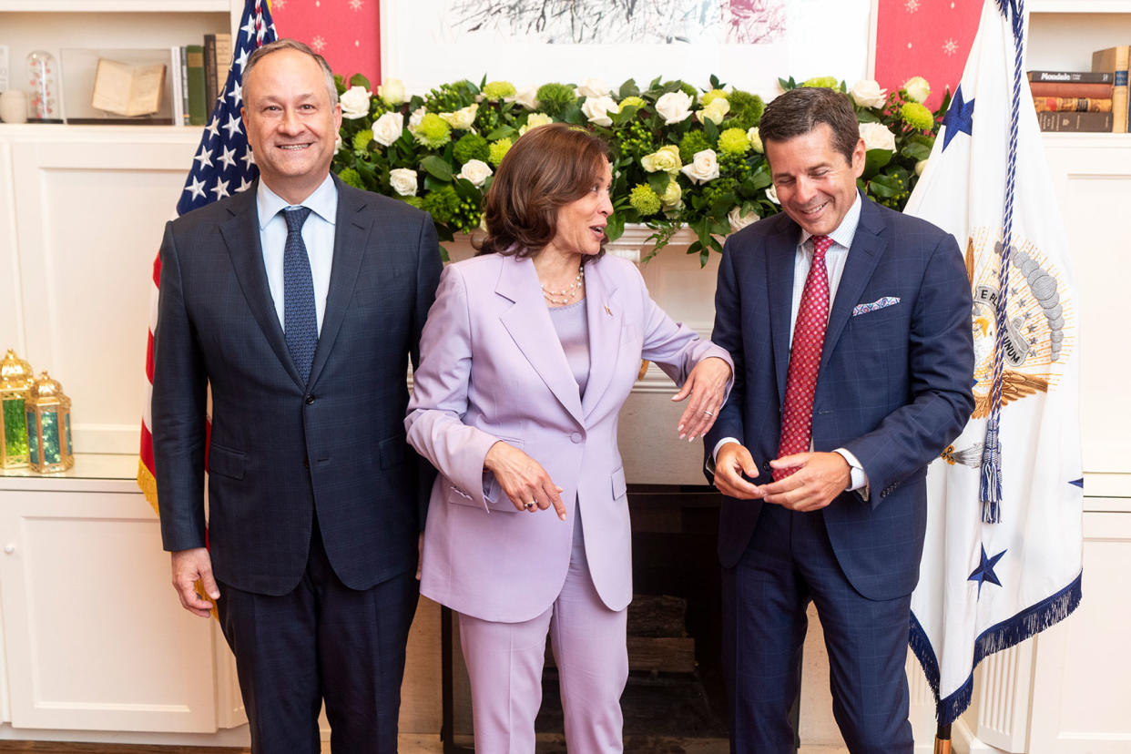 Doug Emhoff; Vice President Kamala Harris; Dean Obeidallah Photo courtesy of The White House