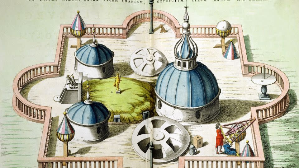 This colored engraving from 1645 depicts Stjerneborg, a second observatory constructed by Brahe 80 miles south of Uraniborg. The round towers protected his instruments from the wind. - Culture Club/Hulton Fine Art Collection/Art Images/Getty Images