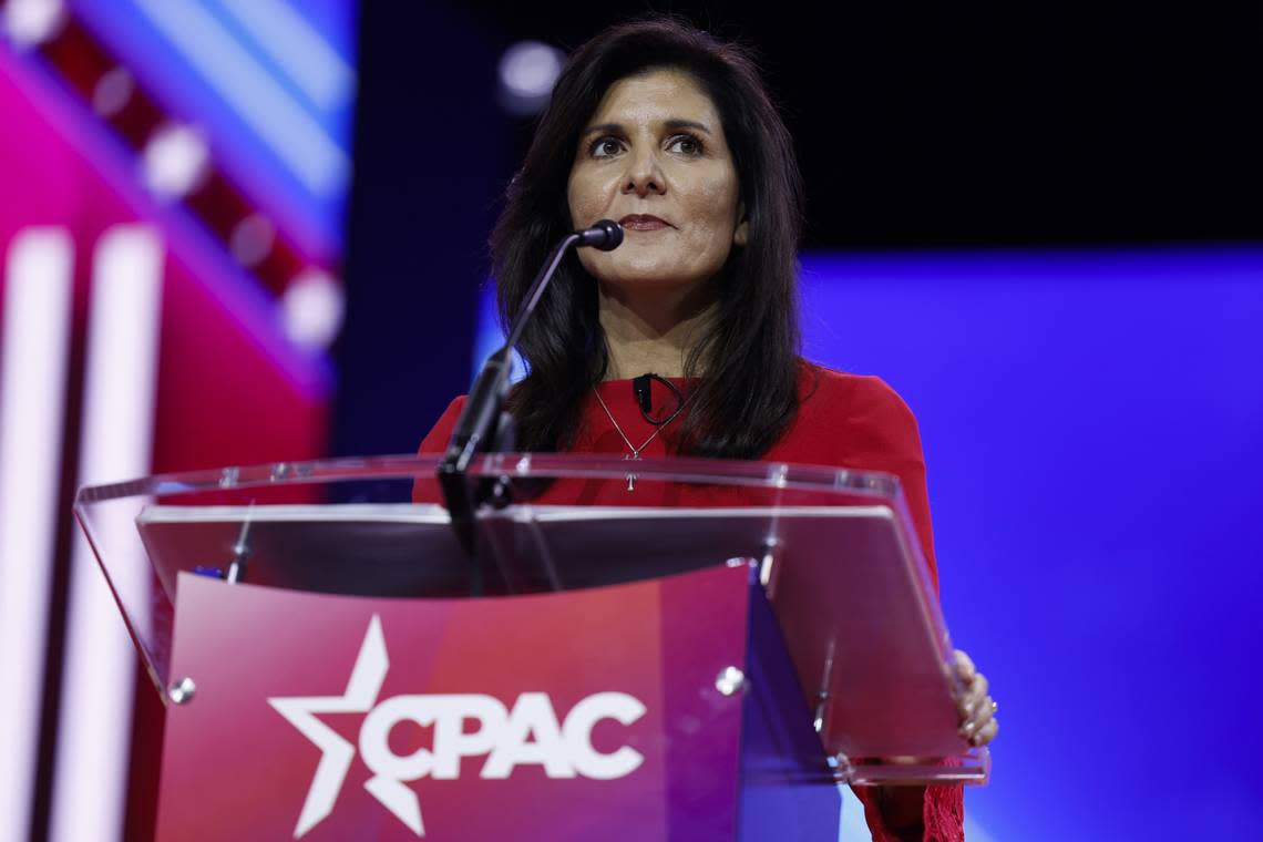 Nikki Haley met with ‘Trump!’ chants after-CPAC-speech. Above, Republican presidential candidate Nikki Haley speaks during the annual Conservative Political Action Conference (CPAC) at the Gaylord National Resort Hotel And Convention Center on March 3 in National Harbor, Maryland.