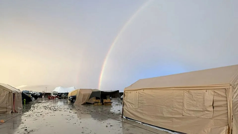 A rainbow appears at Burning Man in Black Rock Desert, Nevada, on September 2, 2023. - Andrew Hyde