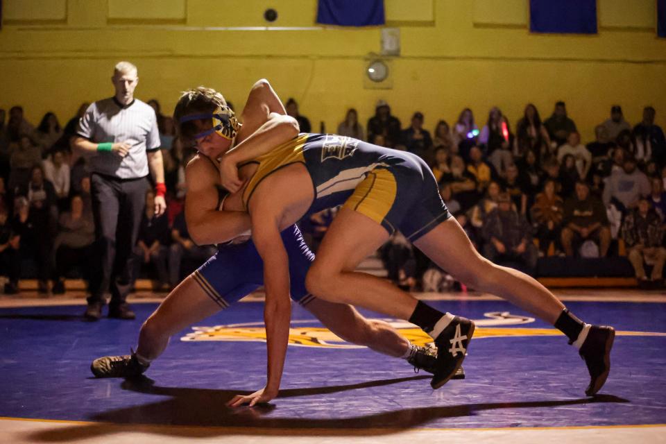 Eli Ostermayer (NL) takes down David Nelson (E) and gets a quick fall for the Vikings in the 172 lb. match. The ELCO Raiders visited the Northern Lebanon Vikings in a key LL League Section 3 Wrestling match on Wednesday January 24, 2024. The Vikings defeated the Raiders 42-34 to claim the Section 3 Title.