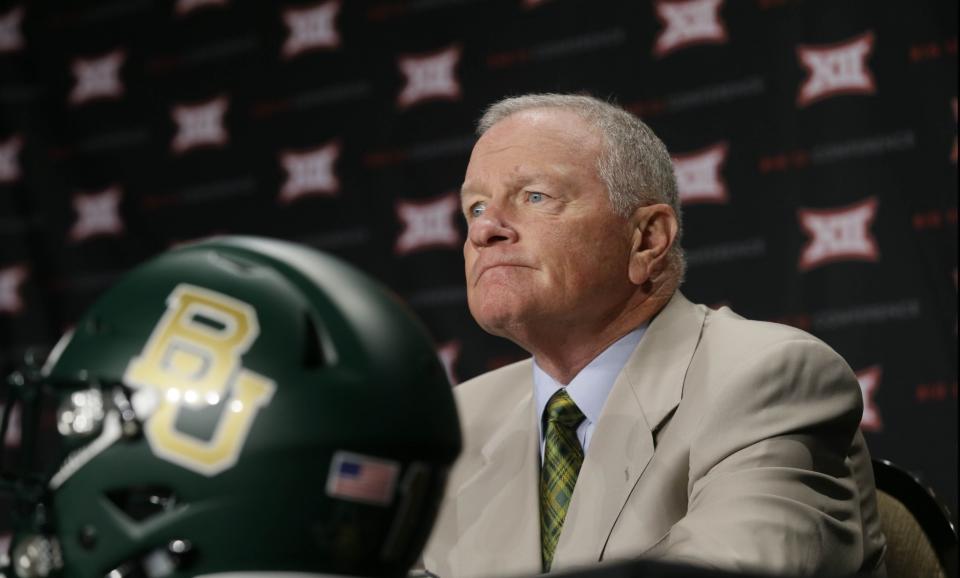 Baylor head coach Jim Grobe listens to a question during the Big 12 college football media days in Dallas, Tuesday, July 19, 2016. (AP Photo/LM Otero)