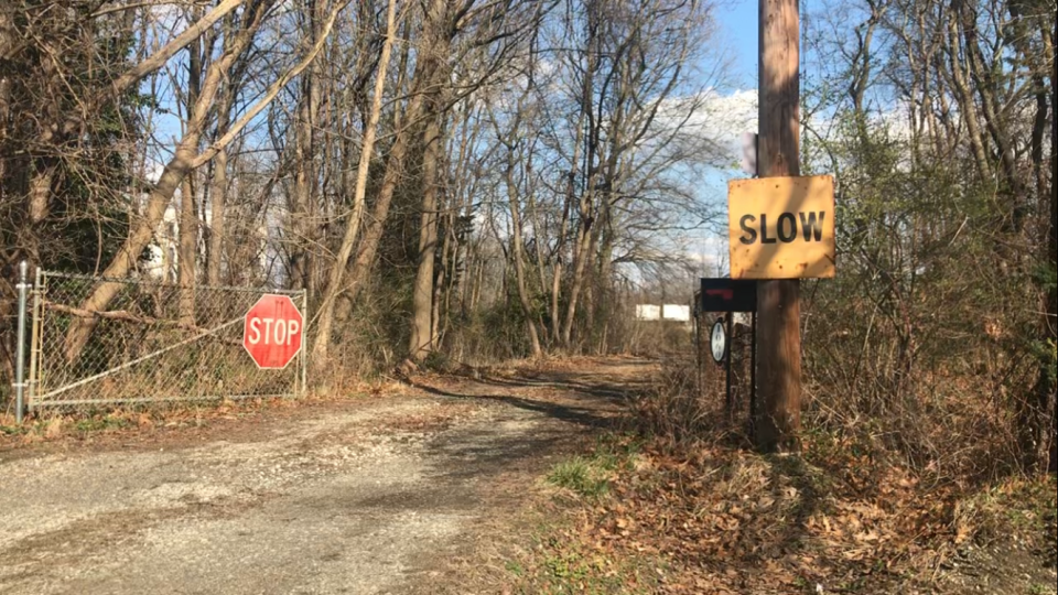 The entrance to a property at the rear of Harmony Lane in Deptford Township. The property, off Route 41, is proposed for two hotels. PHOTO: March 6, 2023.