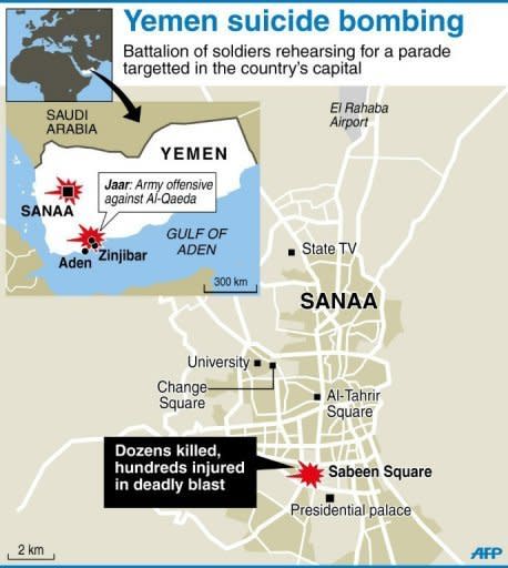 Detailed map of Sanaa, Yemen's capital city, where a suicide bombing claimed nearly 100 lives