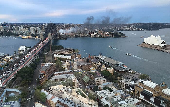 Smoke seen from a bus blaze on the Sydney Harbour Bridge. Image: AAP