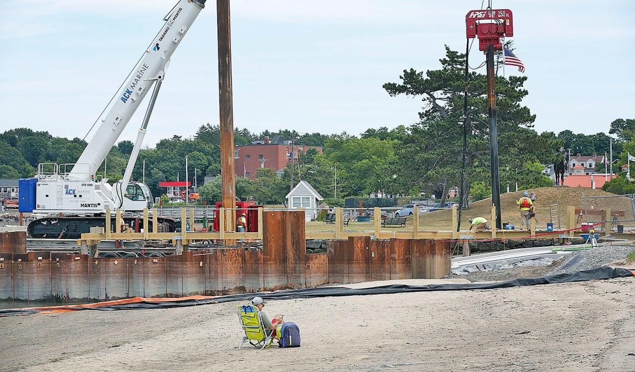 Construction continues on the new Hingham Harbor boat ramp, which is behind schedule for completion, on Wednesday, July 13, 2022.