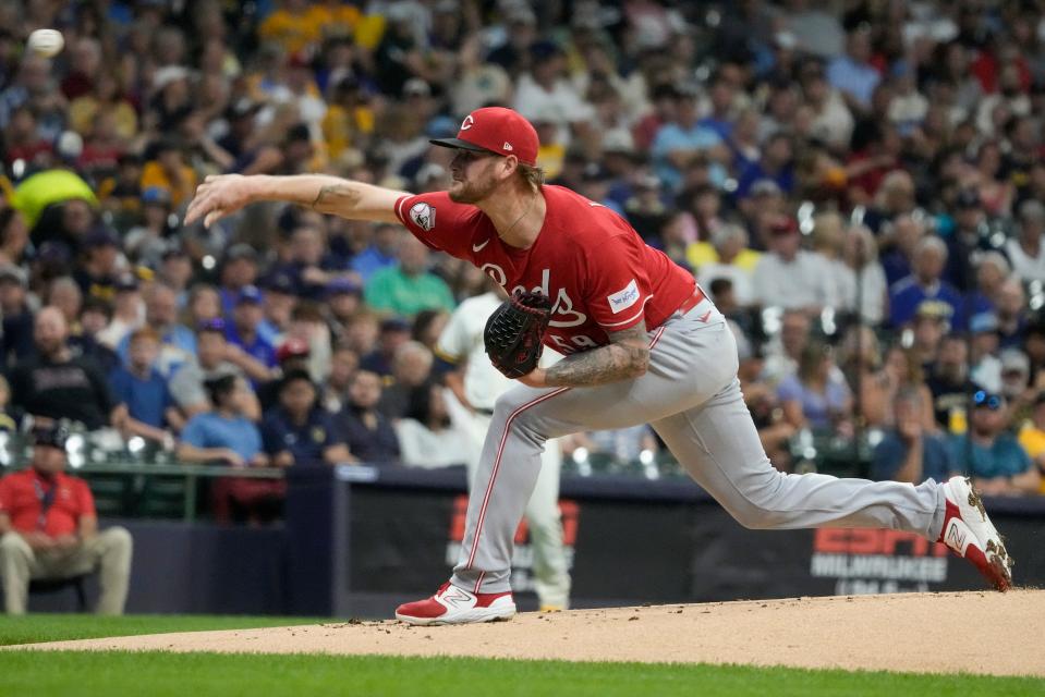 Cincinnati Reds starting pitcher Ben Lively throws during the first inning of a baseball game against the Milwaukee Brewers Wednesday, July 26, 2023, in Milwaukee.