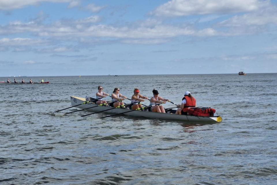 Dineka Maguire (second right) with her Irish teammates at the  2024 European Rowing Coastal & Beach Sprint Championships in Gdansk. <i>(Image: Impartial Reporter)</i>