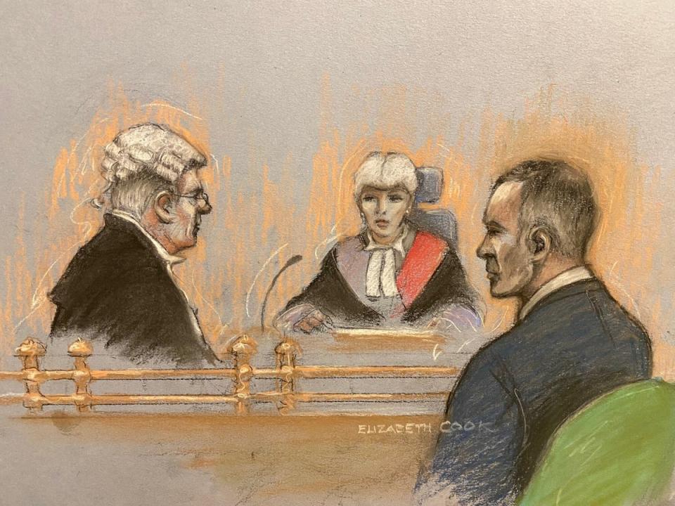 Court artist sketch of former Manchester United footballer Ryan Giggs in front of judge Hilary Manley at Manchester Minshull Street Crown Court (Elizabeth Cook/PA) (PA Wire)