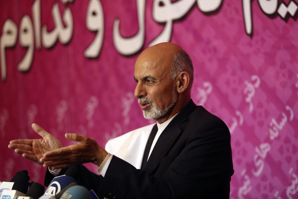 Afghan presidential candidate Ashraf Ghani Ahmadzai speaks during a press conference, in Kabul, Afghanistan, Sunday, April 13, 2014. Two clear front-runners emerged in Afghanistan's presidential election Sunday as partial results showed a tight race between President Hamid Karzai's closest rival in the last vote and a former World Bank official. With 10 percent of the ballots counted, Abdullah Abdullah, who came in second in the disputed 2009 election, had 41.9 percent, followed by Ashraf Ghani Ahmadzai with 37.6 percent. (AP Photo/Rahmat Gul)