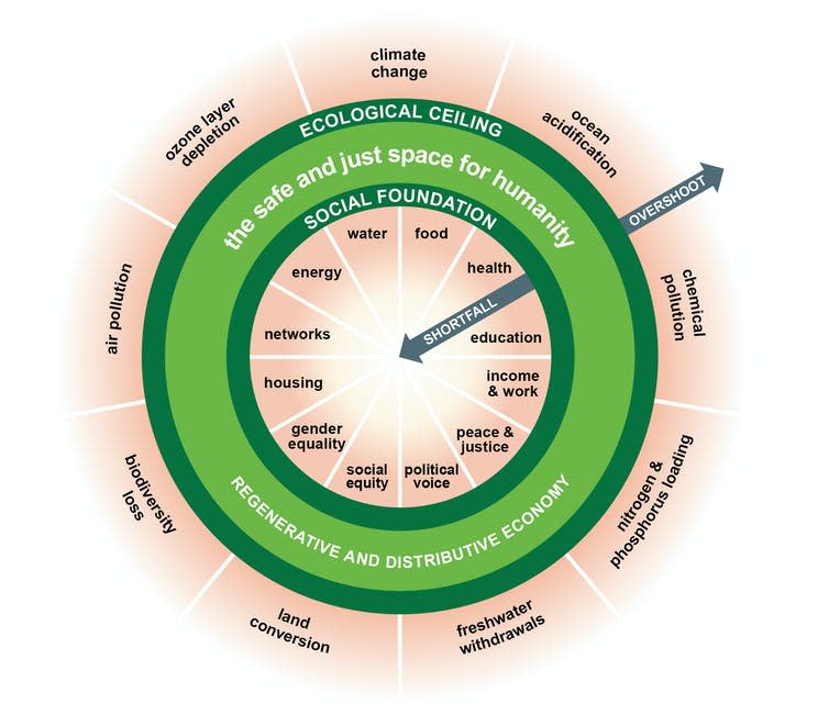 Economist Kate Raworth's doughnut model diagram of social and planetary limitations.