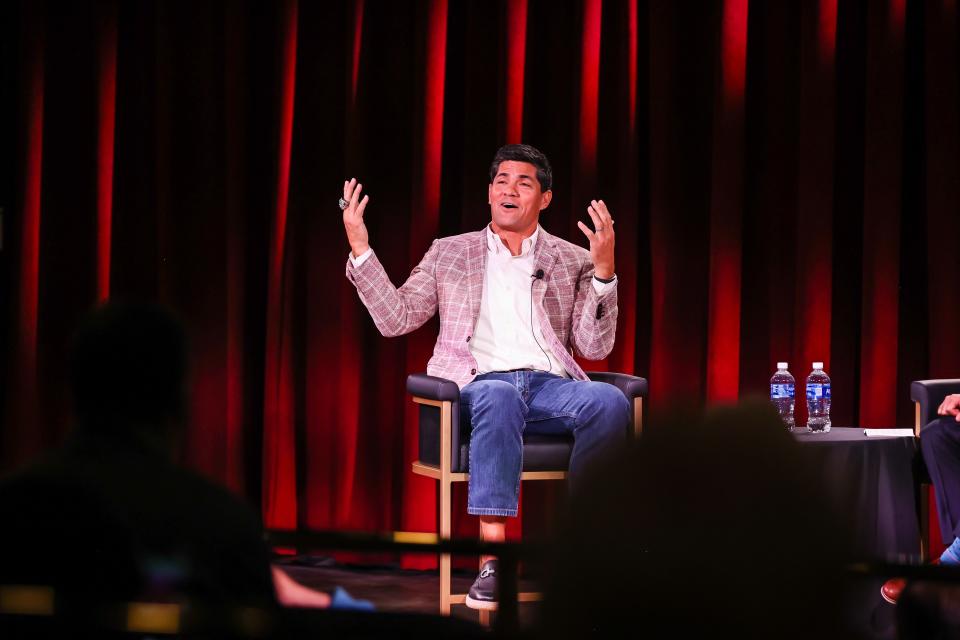 Former New England Patriot and three-time Super Bowl champion Tedy Bruschi talks before a full capacity crowd at The Brook Casino in Seabrook Wednesday, Sept. 27, 2023.