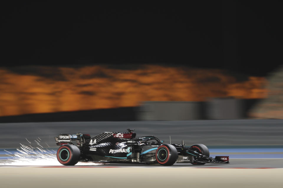 Mercedes driver Lewis Hamilton of Britain steers his car during the second free practice at the Formula One Bahrain International Circuit in Sakhir, Bahrain, Friday, Nov. 27, 2020. (Giuseppe Cacace, Pool via AP)
