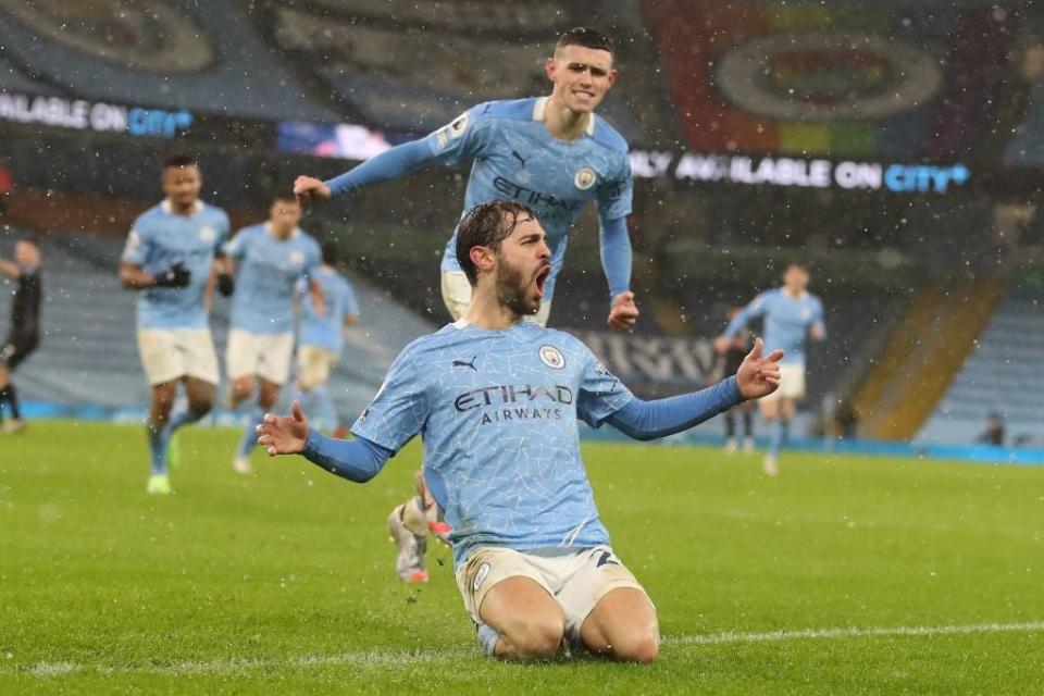 Bernardo Silva celebrates after he scoring the opener for CityPOOL/AFP