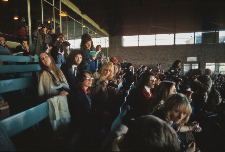 Brian May, John Deacon, Roger Taylor and Freddie Mercury (1946 - 1991) of British rock band Queen at Kempton Park Racecourse