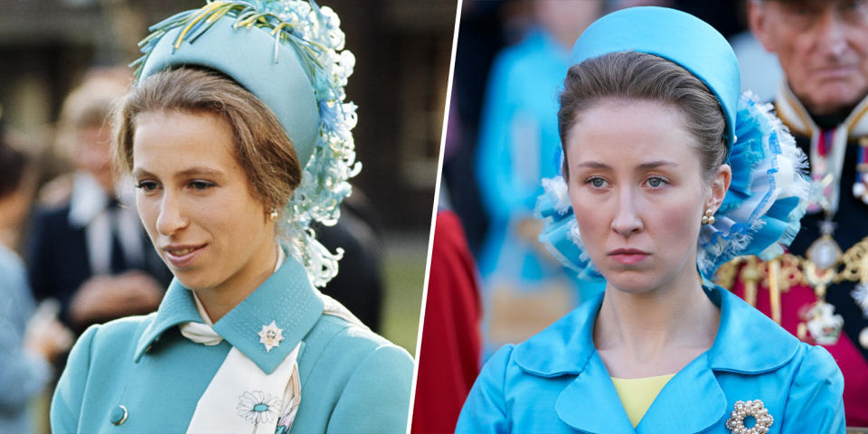 (Left) Princess Anne in Berlin for the queen's Birthday Parade on 1, June 1973. (Right) Erin Doherty as Princess Anne in 