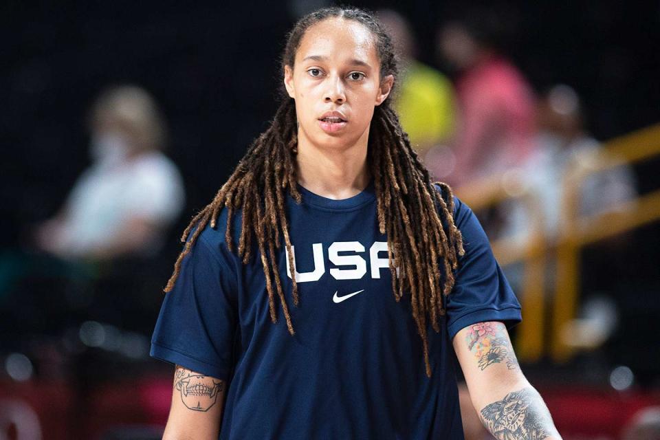 Brittney Griner #15 of Team United States during team warm up before the France V USA Preliminary Round Group B Basketball Women match at the Saitama Super Arena during the Tokyo 2020 Summer Olympic Games on August 2, 2021 in Tokyo, Japan.