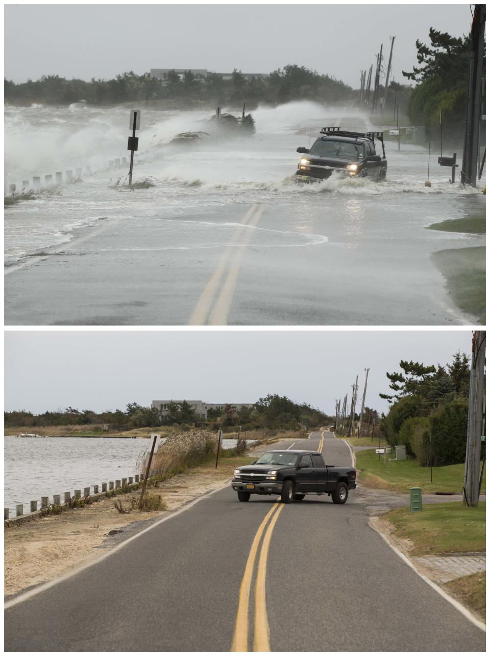 A combination photo shows a truck drives through storm surge flooded road during Superstorm Sandy and a view of the same road in Southampton New York