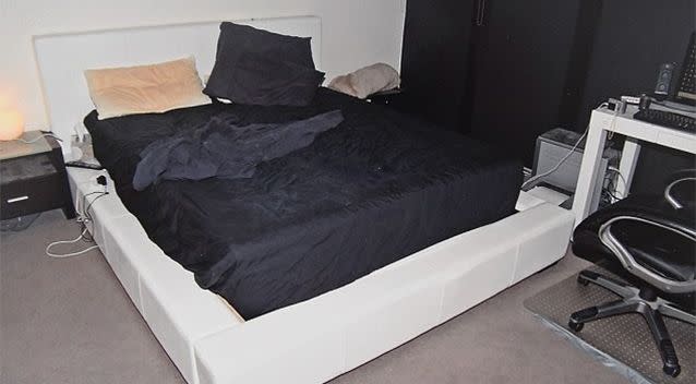 Photos of Tostee's bedroom show an unmade bed and a stained pillow. Photo: AAP