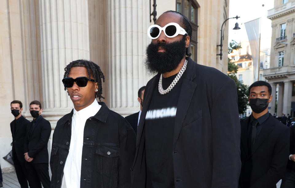 Lil Baby and James Harden arriving at a Balenciaga event on July 7, 2021, in Paris. / Credit: Pierre Suu/GC Images