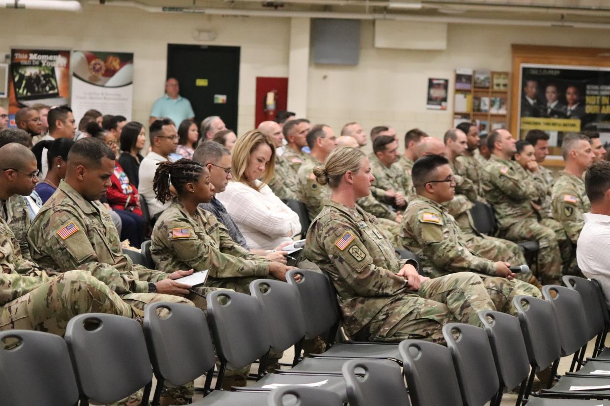 Ohio National Guard members listening to a presentation at the second Freedom to Serve celebration at the Maj. Gen. Robert S. Beightler Armory complex June 1.