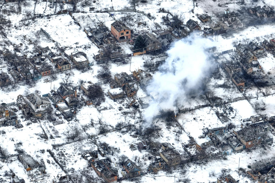 An aerial view of Bakhmut, the site of heavy battles with Russian troops in the Donetsk region, Ukraine, Tuesday, Feb. 14, 2023. (AP Photo/Libkos)