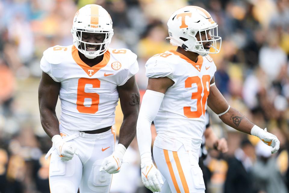 Tennessee linebacker Byron Young (6) and Tennessee linebacker Solon Page III (38) react after a play during a game Tennessee and Missouri at Faurot Field in Columbia, Mo. on Saturday, Oct. 2, 2021.