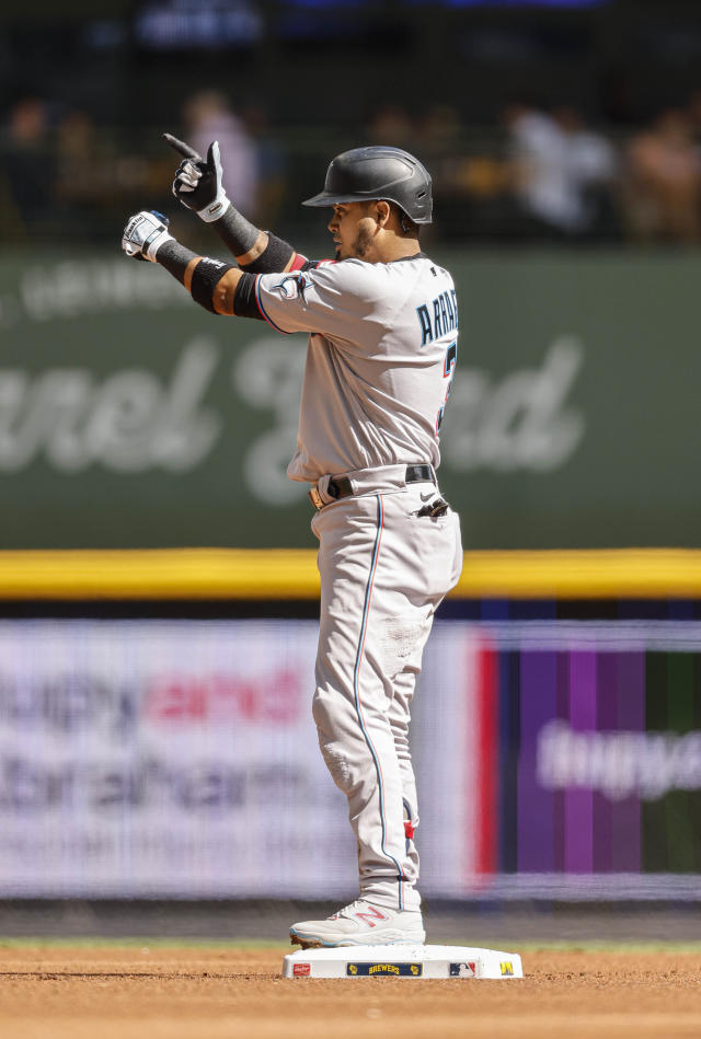 Milwaukee, WI, USA. 16th Apr, 2021. Milwaukee Brewers right fielder Tyrone  Taylor #42 looks toward the Brewers bench after hitting a run scoring  double in the 5th inning of the Major League