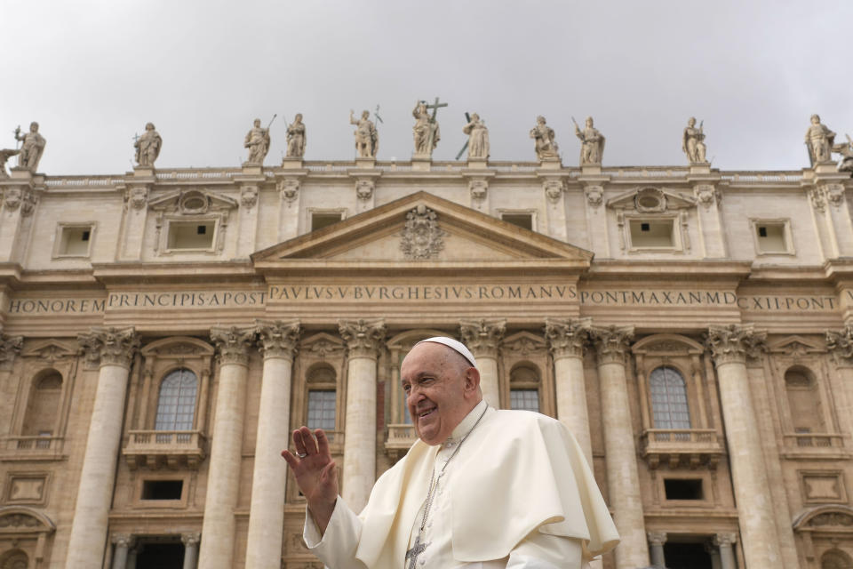 FILE - Pope Francis leaves at the end of the weekly general audience in St. Peter's Square, at the Vatican, Wednesday, Nov. 15, 2023. Pope Francis cancelled his trip to Dubai for the U.N. climate conference on doctors’ orders. The announcement marked the second time the pope’s frail health had forced the cancellation of a foreign trip: He had to postpone a planned trip to Congo and South Sudan in 2022 because of knee inflammation, though he was able to make the trip earlier this year. (AP Photo/Gregorio Borgia, File)