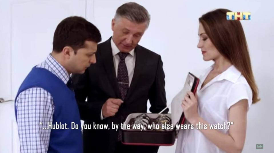 A clip from Volodymyr Zelenskyy's TV show, "Servant of the People" featuring a watch salesman