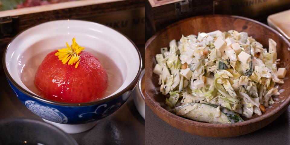 梅酒番茄（左）；豆腐沙律配胡麻醬（右）