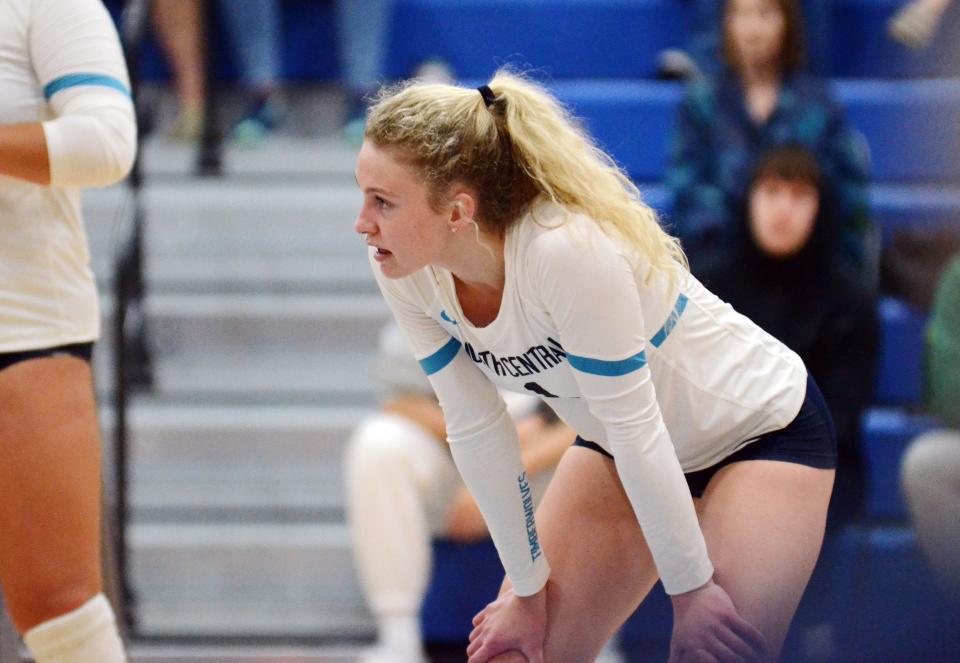Analiese Fredin catches her breath during the match against Muskegon Thursday. Fredin had another solid week for the Timberwolves, which included setting a new program record for aces in a five-set match. She already owned the record for aces overall in any match.