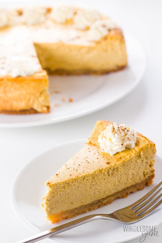 <strong>Get the </strong><a href="https://www.wholesomeyum.com/low-carb-keto-pumpkin-cheesecake-recipe/"><strong>Low-Carb Keto Pumpkin Cheesecake recipe</strong></a><strong> from Wholesome Yum</strong>