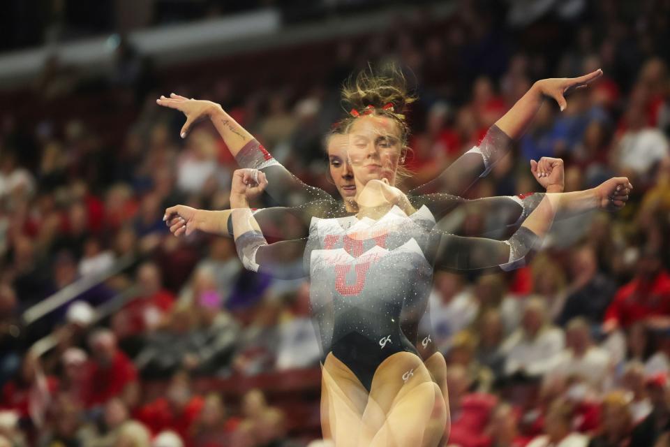 Utah Utes Maile O’Keefe competes on floor during the Sprouts Farmers Market Collegiate Quads at Maverik Center in West Valley on Saturday, Jan. 13, 2024. #1 Oklahoma, #2 Utah, #5 LSU, and #12 UCLA competed in the meet. | Megan Nielsen, Deseret News