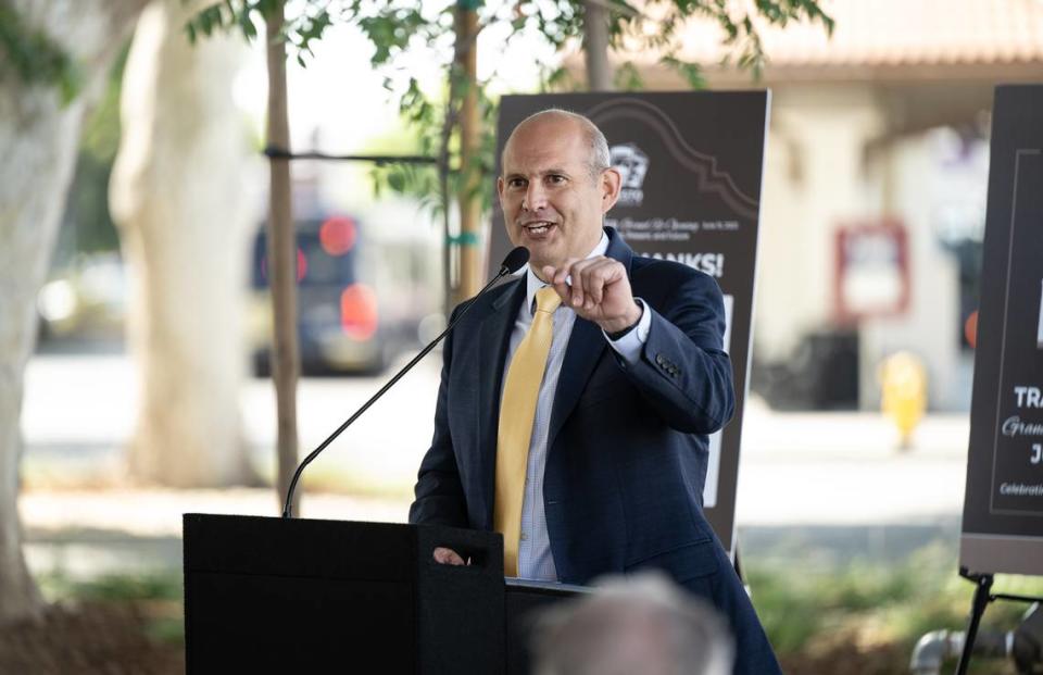 Adam Barth, chief executive officer for the Stanislaus Regional Transit Authority speaks during the grand re-opening ceremony of the historic train depot at the Modesto Transit Center in Modesto, Calif., Thursday, June 15, 2023.