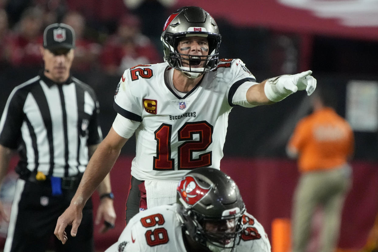 Tampa Bay Buccaneers quarterback Tom Brady (12) calls a play against the Arizona Cardinals during the second half of an NFL football game, Sunday, Dec. 25, 2022, in Glendale, Ariz. (AP Photo/Rick Scuteri)