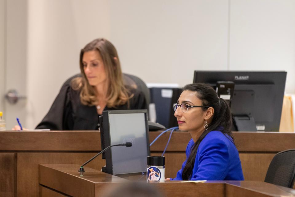 Dr. Anita Rajkumar, assistant medical examiner at Middlesex County Medical Examiner's Office, appears as an expert witness during the trial of Jeremy Cruz, who is charged with the murder of his wife, Dawn, before Superior Court Judge Jill O'Malley at Monmouth County Courthouse in Freehold, NJ Tuesday, April 23, 2024.
