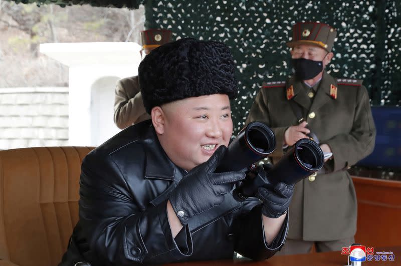 North Korean leader Kim Jong Un visits a drill of long-range artillery sub-units of the Korean People's Army