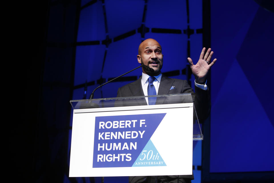 Actor Keegan-Michael Key speaks during the Robert F. Kennedy Human Rights Ripple of Hope Awards ceremony, Wednesday, Dec. 12, 2018, in New York. (AP Photo/Jason DeCrow)